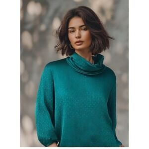 Vintage Top Cowl Long Balloon Sleeve Embossed Green Miss Capri Size Small 6-8